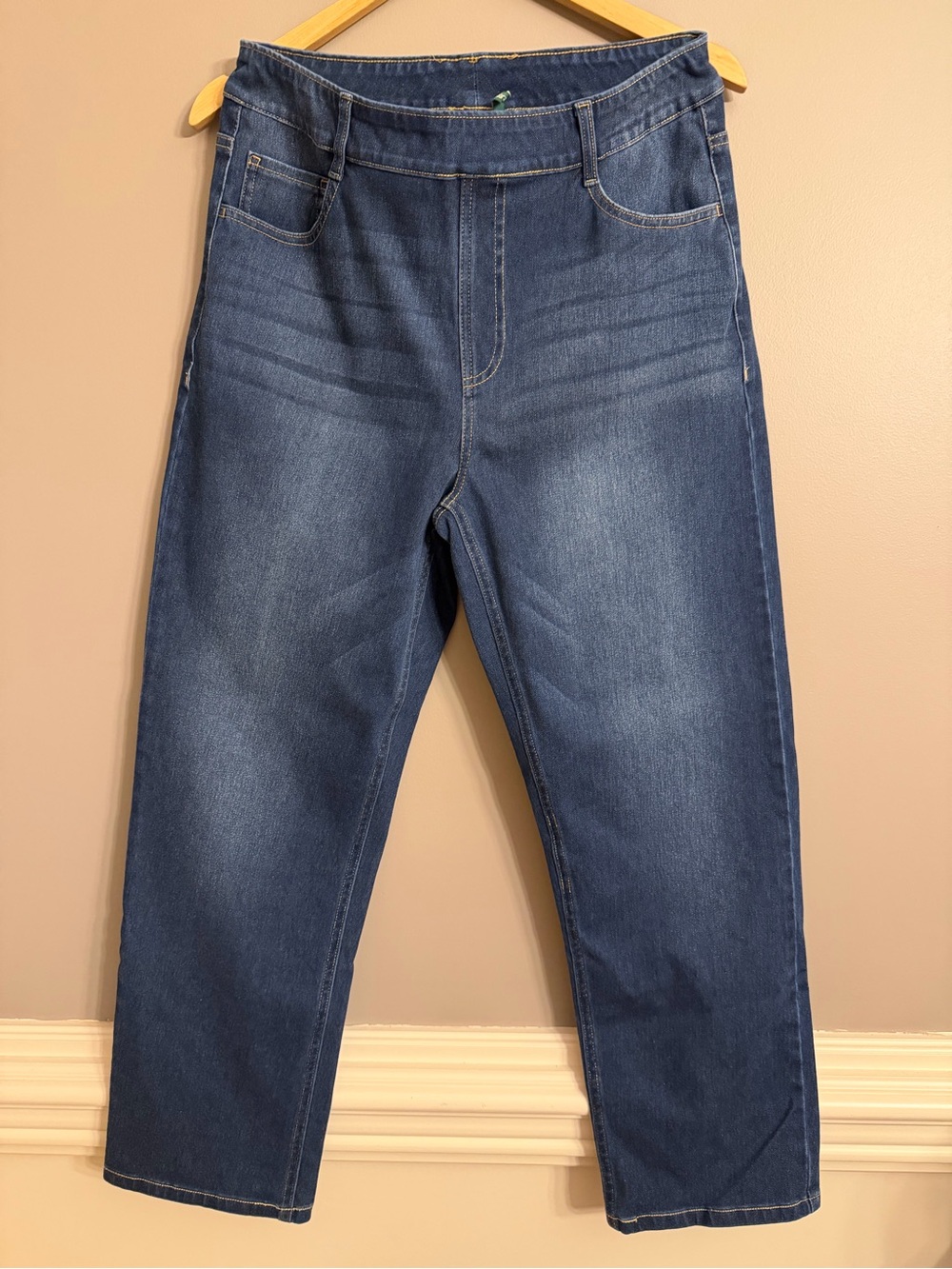Halara High Waisted Patitoff Pull On Straight Leg Jeans Size Large Petite Denim